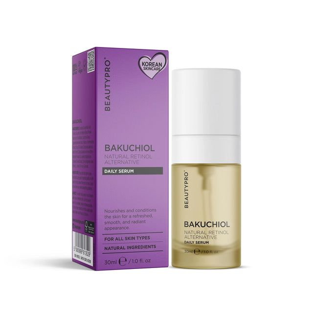 BeautyPro Bakuchiol Daily Serum bottle and purple box with Korean Skincare branding.