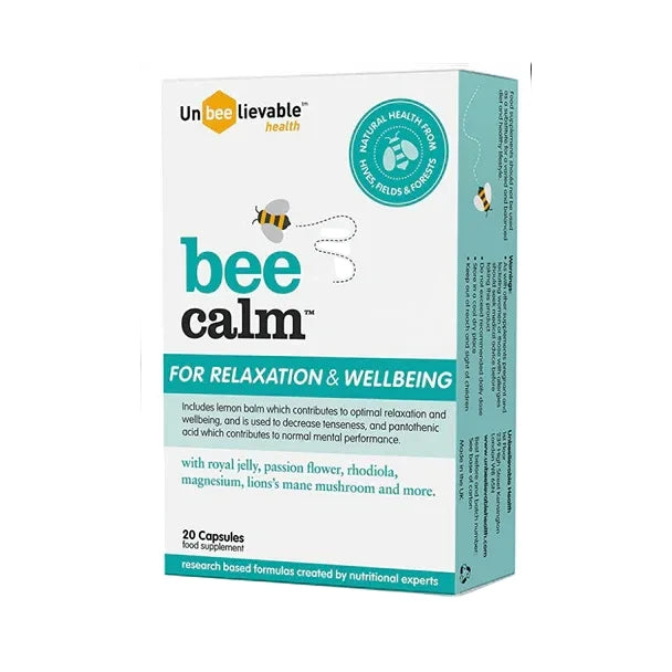 Unbee-lievable Health "Bee Calm" food supplement for relaxation and wellbeing in a 20 capsules box.