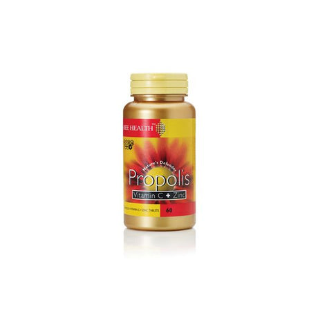 Bee Health Propolis with Vitamin C and Zinc supplement in a metallic gold bottle containing 60 tablets.