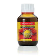 An amber glass bottle of Bee Health Propolis Winter Mixture food supplement with a white ribbed cap and a yellow label featuring a red sunburst design.