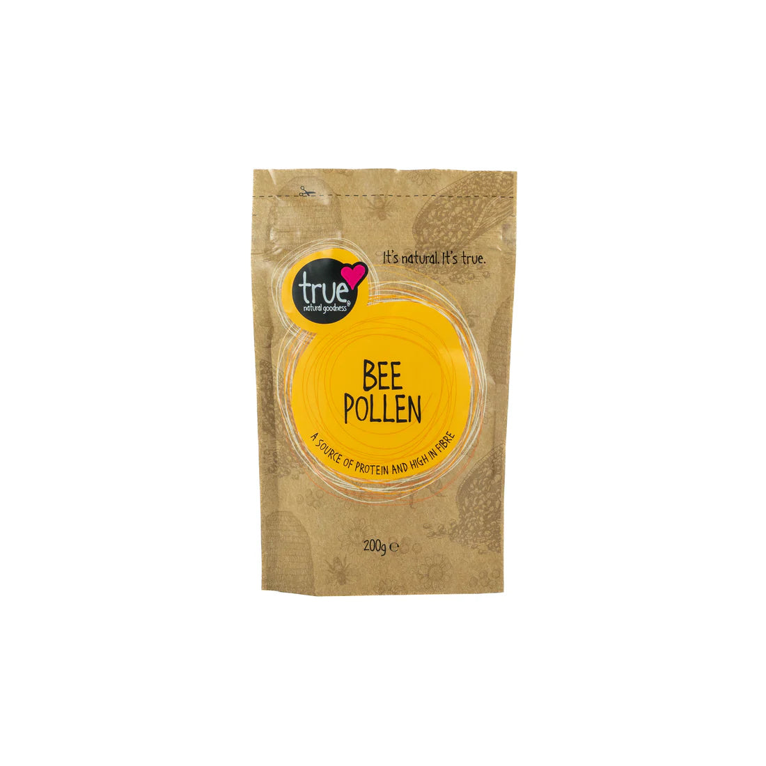 A 200g brown paper pouch of Bee Pollen featuring a bright orange circular label and illustrations of bees and hives.