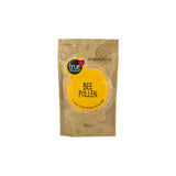 A 200g brown paper pouch of Bee Pollen featuring a bright orange circular label and illustrations of bees and hives.