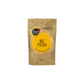 A 200g brown paper pouch of Bee Pollen featuring a bright orange circular label and illustrations of bees and hives.
