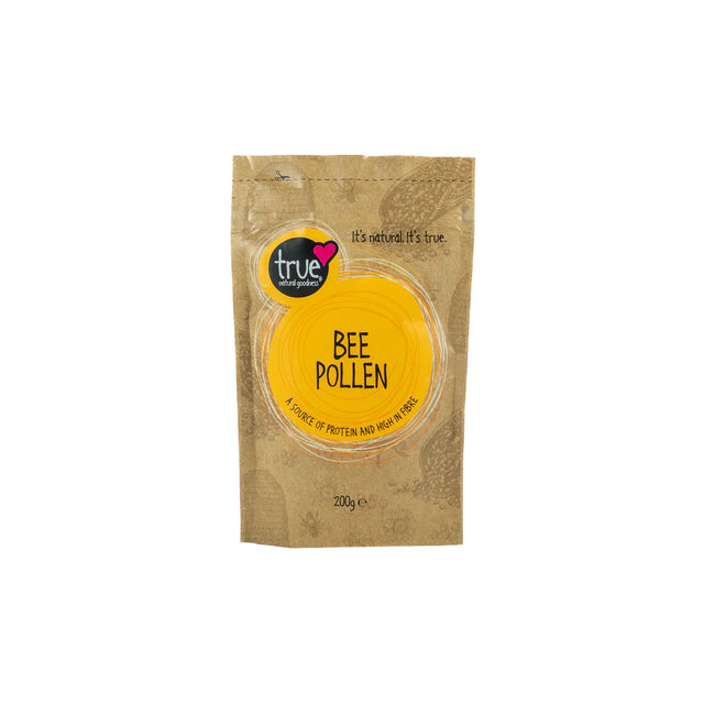 A 200g brown paper pouch of Bee Pollen featuring a bright orange circular label and illustrations of bees and hives.