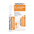 A bottle and box of BetterYou B-complete Optimal Delivery oral spray, natural peach, plum, and raspberry flavor with orange and white branding.