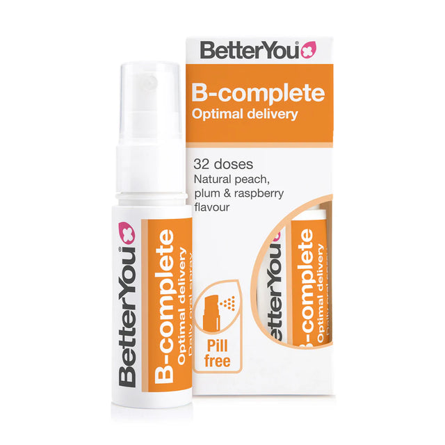 A bottle and box of BetterYou B-complete Optimal Delivery oral spray, natural peach, plum, and raspberry flavor with orange and white branding.