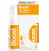 A 25ml bottle and box of BetterYou B12 Boost Oral Spray with an orange and white label, apricot flavored and pill-free.