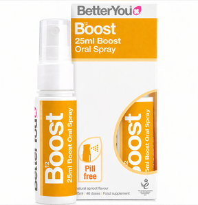 A 25ml bottle and box of BetterYou B12 Boost Oral Spray with an orange and white label, apricot flavored and pill-free.