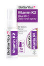 A bottle and box of BetterYou Vitamin K2 Daily Oral Spray, 180µg MK-7, peppermint flavored, featuring a white and purple color scheme.
