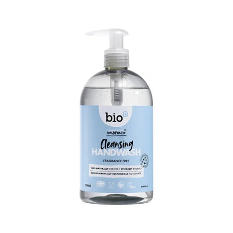 Bio-D Fragrance-Free Cleansing Hand Wash, a 500ml, 100% naturally derived, ethically sourced, and allergy-friendly product.
