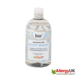 A bottle of bio brand fragrance-free body wash with a clear cap and a light blue patterned label, shown on a white background with an AllergyUK logo in the bottom right corner.