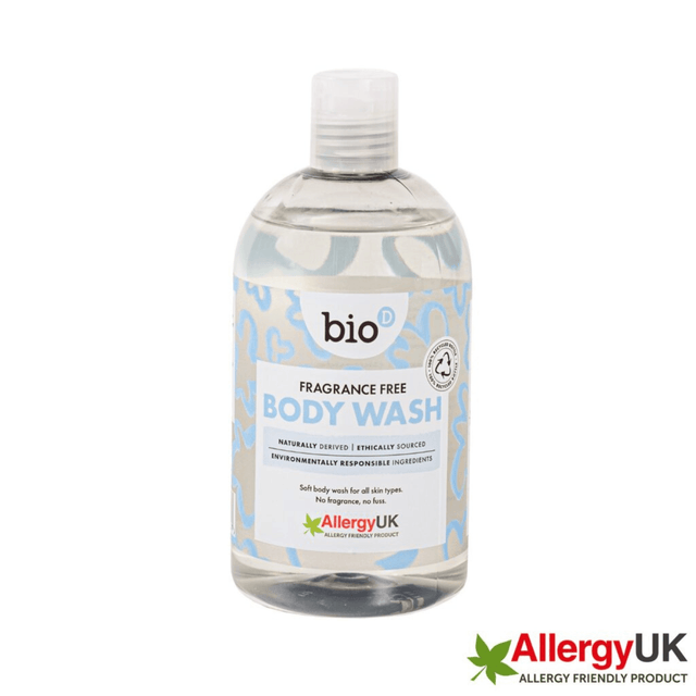 A bottle of bio brand fragrance-free body wash with a clear cap and a light blue patterned label, shown on a white background with an AllergyUK logo in the bottom right corner.