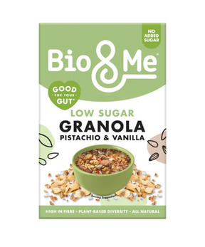 Box of Bio & Me Low Sugar Pistachio & Vanilla Granola, high in fibre and plant-based.
