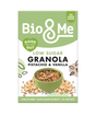 Box of Bio & Me Low Sugar Pistachio & Vanilla Granola, high in fibre and plant-based.