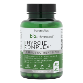 Nature's Plus BioAdvanced Thyroid Support 60 vegan capsules with Iodine Selenium and Ashwagandha for metabolism and hormone support.