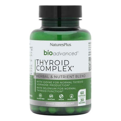 Nature's Plus BioAdvanced Thyroid Support 60 vegan capsules with Iodine Selenium and Ashwagandha for metabolism and hormone support.