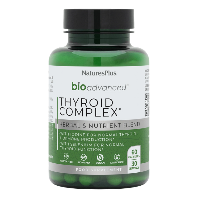 Nature's Plus BioAdvanced Thyroid Support 60 vegan capsules with Iodine Selenium and Ashwagandha for metabolism and hormone support.