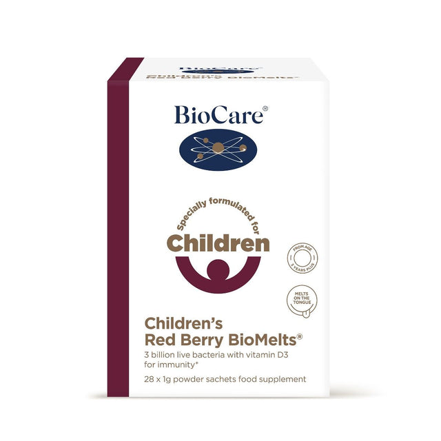 A box of BioCare Children's Red Berry BioMelts, containing 28 powder sachets of live bacteria and vitamin D3 for immunity, isolated on a white background.