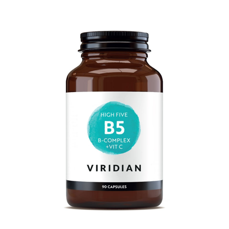 Bottle of Viridian High Five B5 B-complex + Vit C supplement on a white background