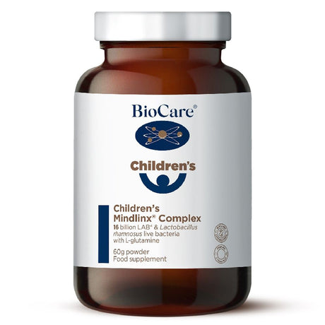 A 60g amber glass jar of BioCare Children's Mindlinx Complex powder food supplement with a white label and silver cap, isolated on a white background.