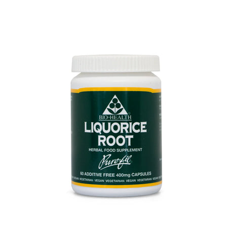 Supplement container labeled 'Liquorice Root' by Bio-Health on a white background