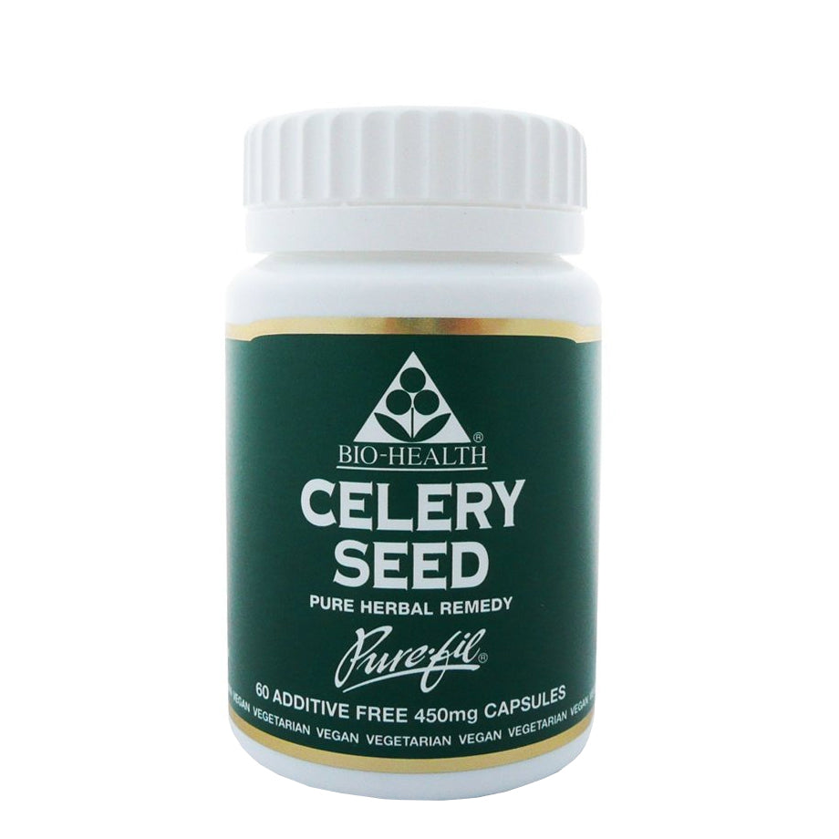 Bio-Health Celery Seed Pure Herbal Remedy in a white bottle containing 60 additive-free 450mg capsules. 
