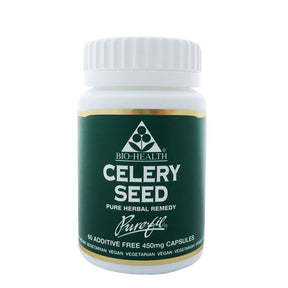 Bio-Health Celery Seed Pure Herbal Remedy in a white bottle containing 60 additive-free 450mg capsules. 