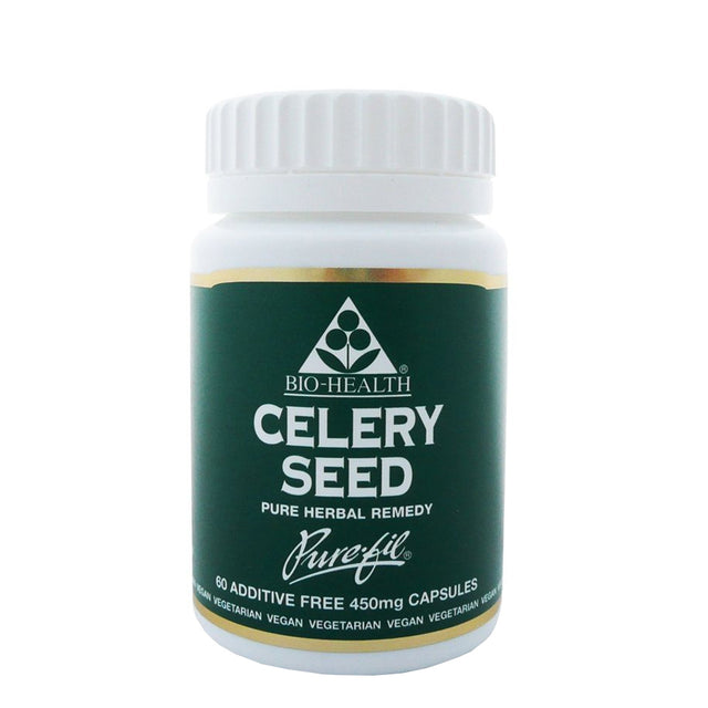 Bio-Health Celery Seed Pure Herbal Remedy in a white bottle containing 60 additive-free 450mg capsules. 