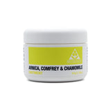 A small white plastic jar of Bio-Health ointment with a yellow and white label featuring the text "Arnica, Comfrey & Chamomile Ointment" and a triangular logo.