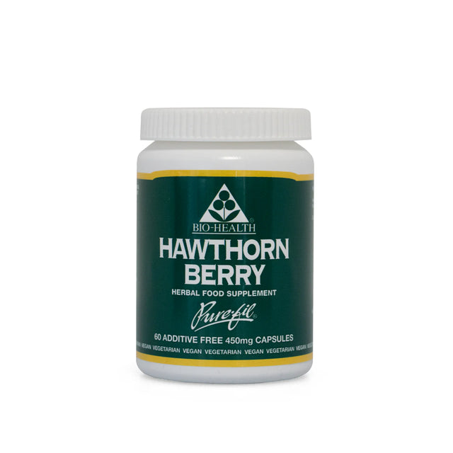 Bottle of Bio-Health Hawthorn Berry supplement on a white background