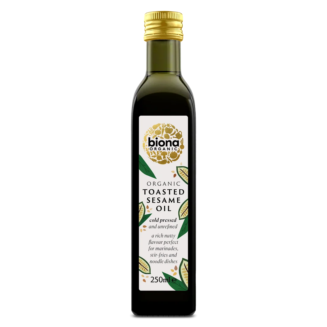 A 250ml bottle of Biona Organic Toasted Sesame Oil, featuring a dark glass bottle with a gold cap and a white label with green and gold accents, set against a plain white background.