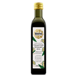 A 250ml bottle of Biona Organic Toasted Sesame Oil, featuring a dark glass bottle with a gold cap and a white label with green and gold accents, set against a plain white background.