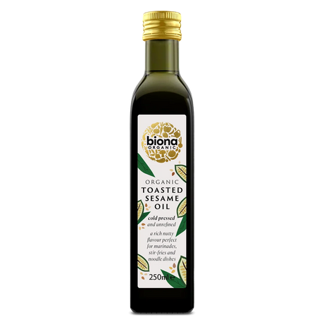A 250ml bottle of Biona Organic Toasted Sesame Oil, featuring a dark glass bottle with a gold cap and a white label with green and gold accents, set against a plain white background.