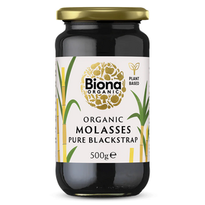 Biona Organic Pure Blackstrap Molasses, 500g glass jar of plant-based sweetener.