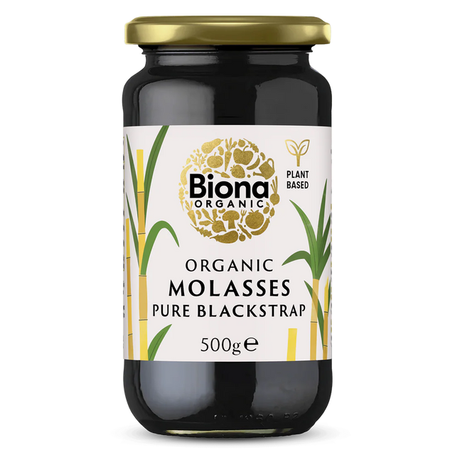 Biona Organic Pure Blackstrap Molasses, 500g glass jar of plant-based sweetener.
