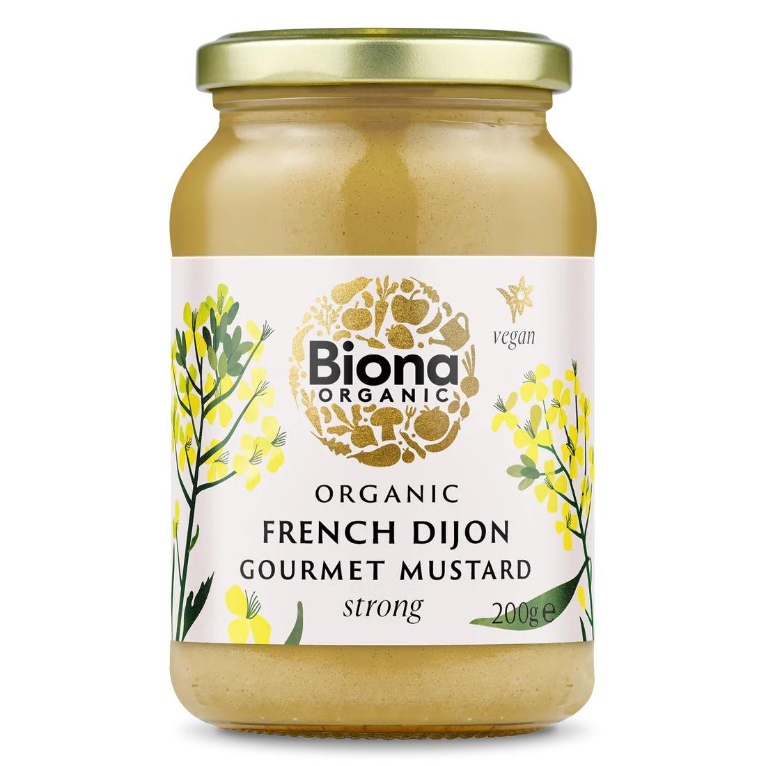 Biona Organic French Dijon Gourmet Mustard, 200g glass jar of strong vegan mustard.