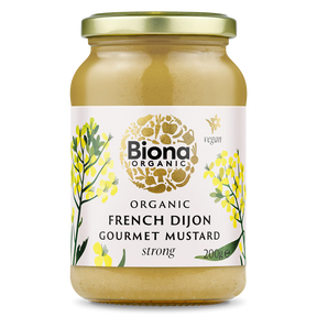 Biona Organic French Dijon Gourmet Mustard, 200g glass jar of strong vegan mustard.