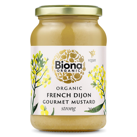 Biona Organic French Dijon Gourmet Mustard, 200g glass jar of strong vegan mustard.