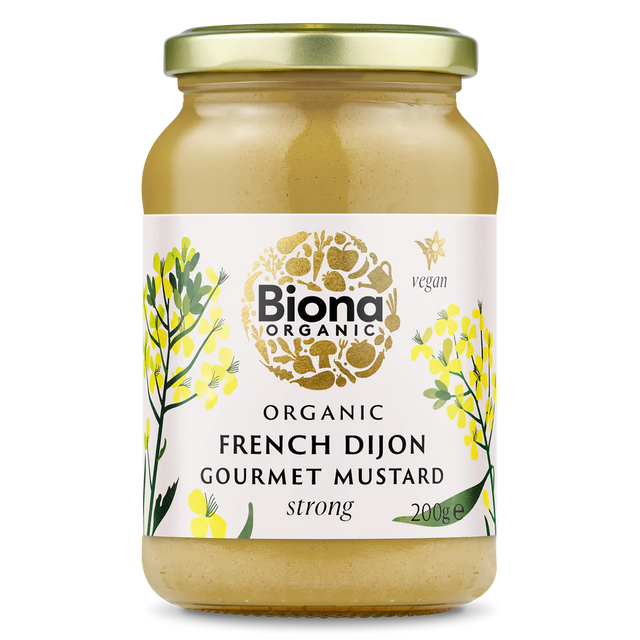 Biona Organic French Dijon Gourmet Mustard, 200g glass jar of strong vegan mustard.