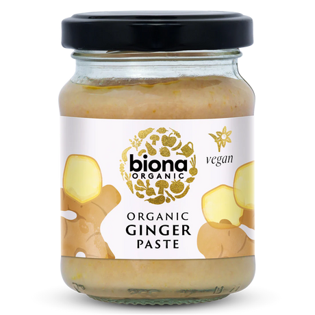 Biona Organic Ginger Paste, glass jar of vegan ginger paste for cooking.