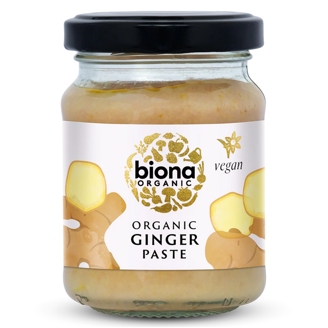Biona Organic Ginger Paste, glass jar of vegan ginger paste for cooking.