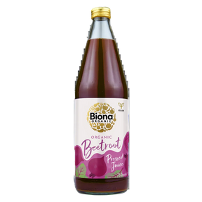 Biona Organic Beetroot Pressed Juice, 750ml glass bottle of vegan vegetable drink.