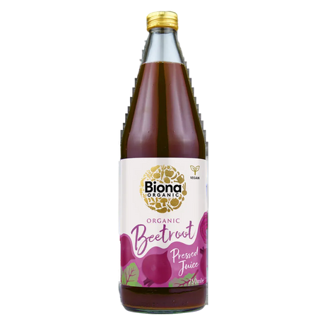 Biona Organic Beetroot Pressed Juice, 750ml glass bottle of vegan vegetable drink.