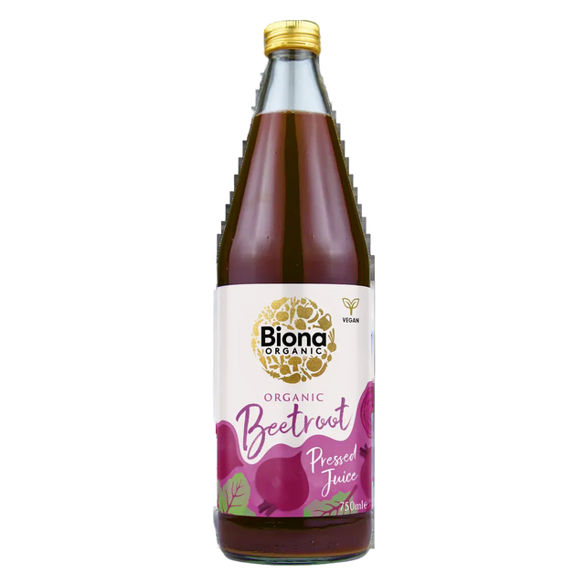 Biona Organic Beetroot Pressed Juice, 750ml glass bottle of vegan vegetable drink.