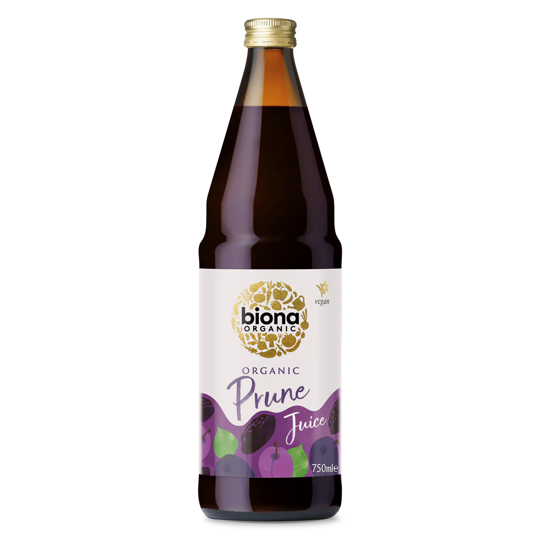 Biona Organic Prune Juice, 750ml glass bottle of vegan fruit drink.