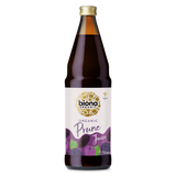 Biona Organic Prune Juice, 750ml glass bottle of vegan fruit drink.