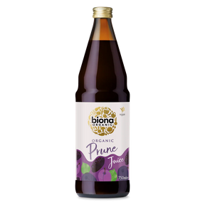 Biona Organic Prune Juice, 750ml glass bottle of vegan fruit drink.