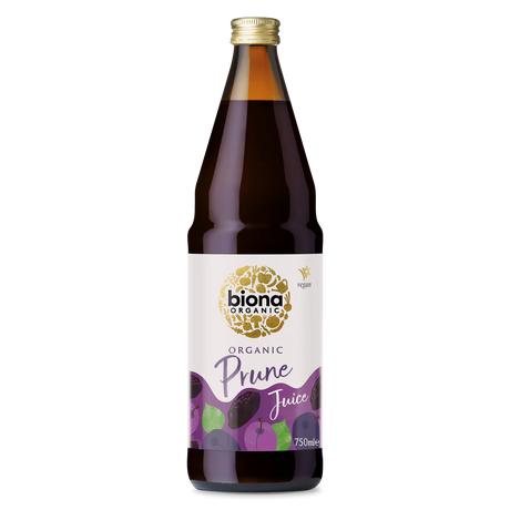 Biona Organic Prune Juice, 750ml glass bottle of vegan fruit drink.