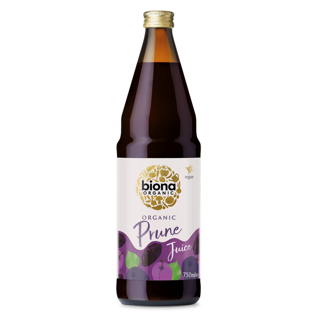 Biona Organic Prune Juice, 750ml glass bottle of vegan fruit drink.