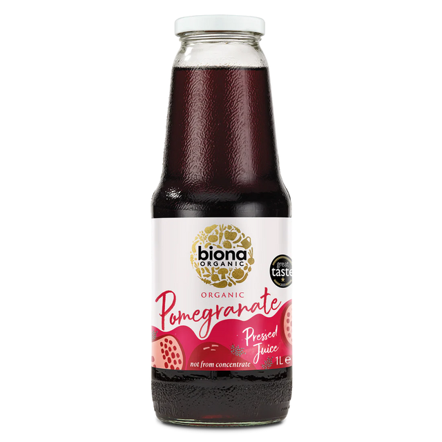 A 1-liter glass bottle of Biona Organic Pomegranate Pressed Juice.